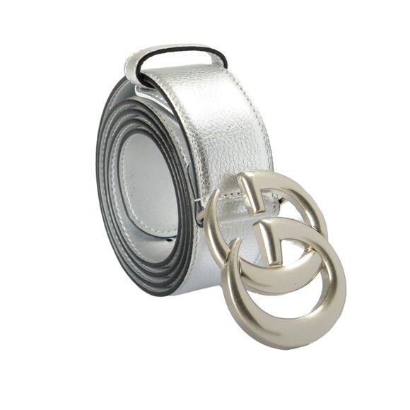 Gucci Silver 100% Leather Double G Buckle Decorated Belt US 32 IT 80 - Picture 1 of 4